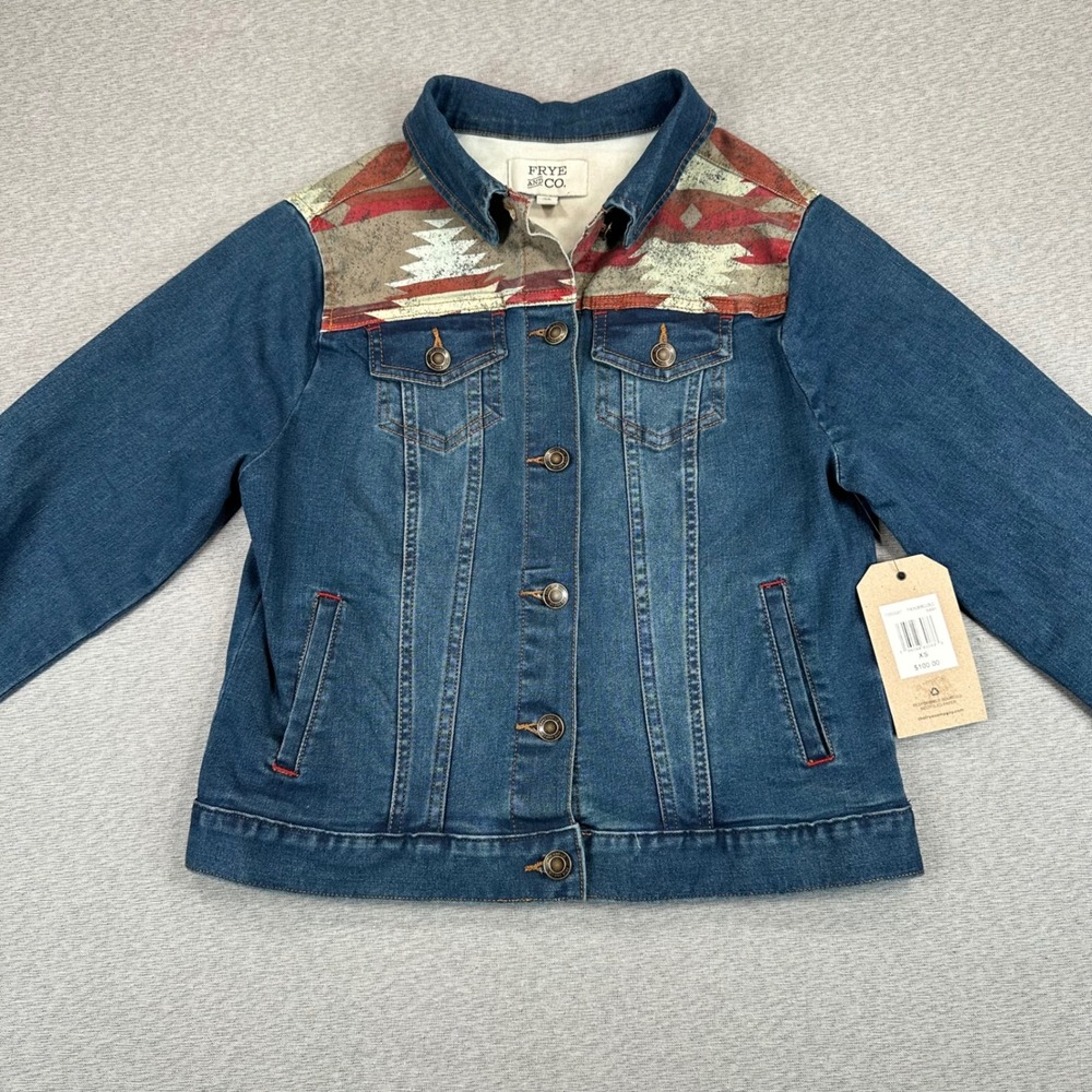 NWT Frye and Co Denim Trucker Jacket Womens XS Southwestern Print Yoke Aztec - Picture 7 of 10